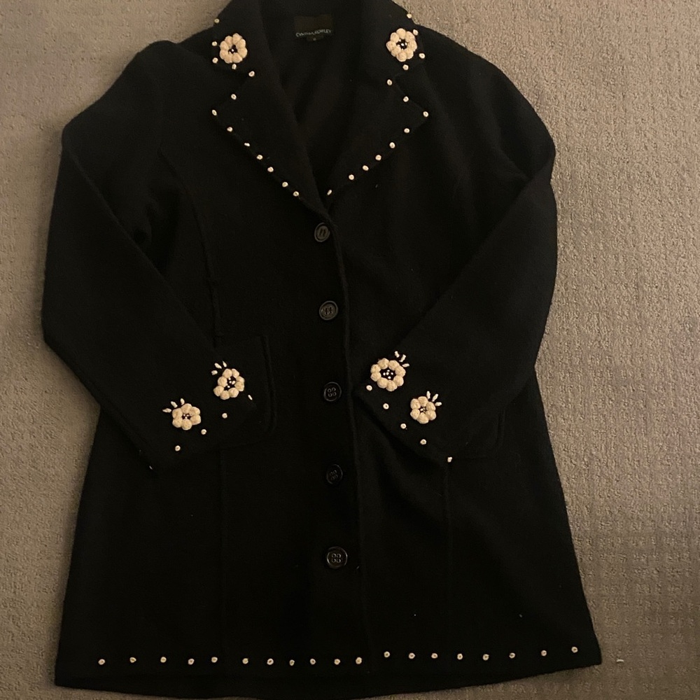 Cynthia Rowley Black Trench Coat with White Floral Accents